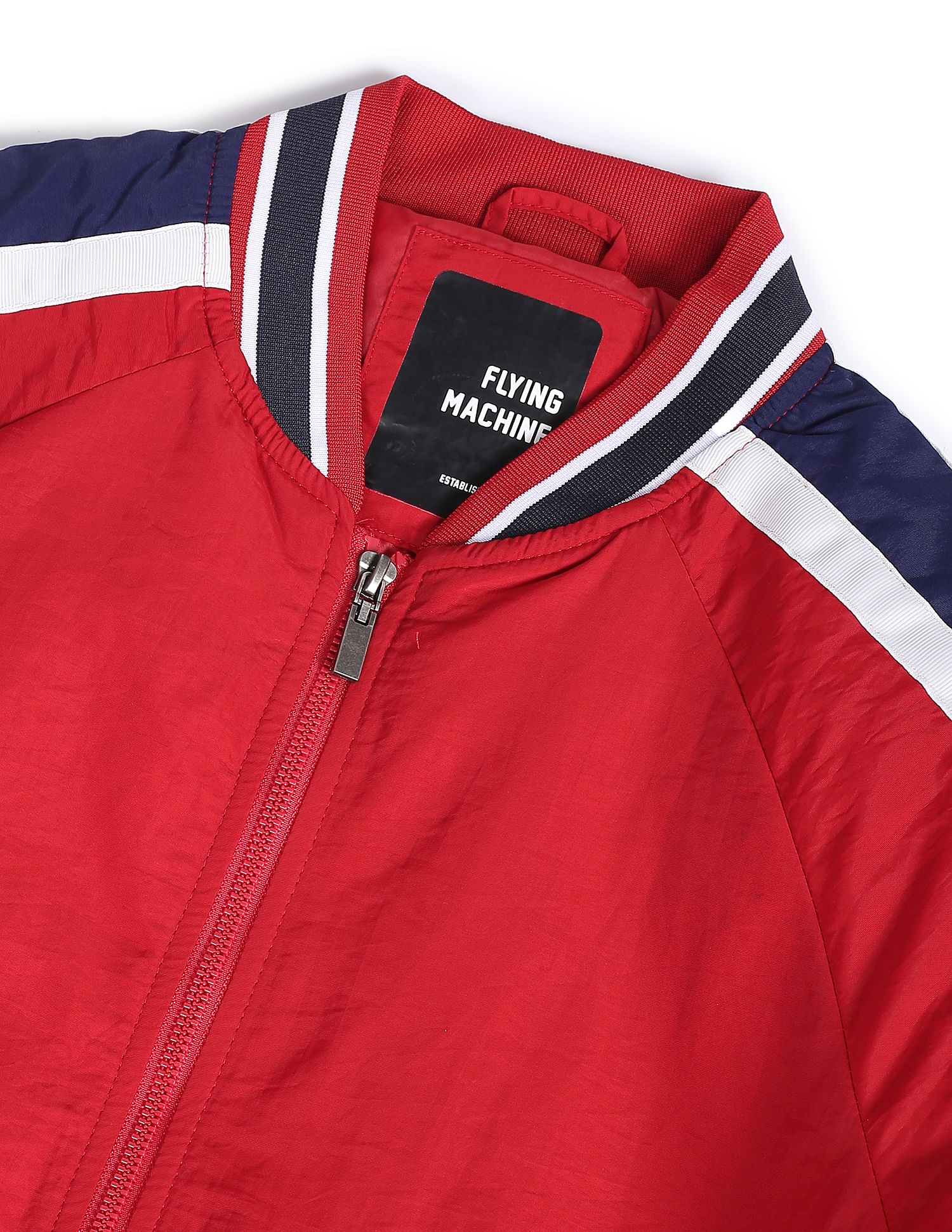 Buy Flying Machine Men Red Stand Collar Contrast Striped Bomber