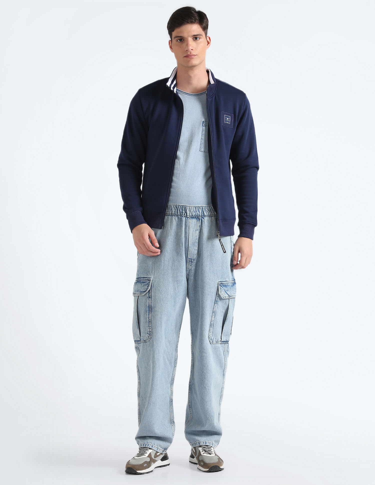 Flying Machine Stand Neck Solid Sweatshirt