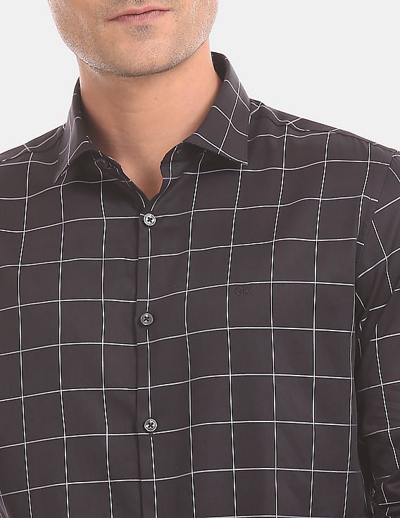 Calvin Klein Men Black Slim Fit Windowpane Check Casual Shirt