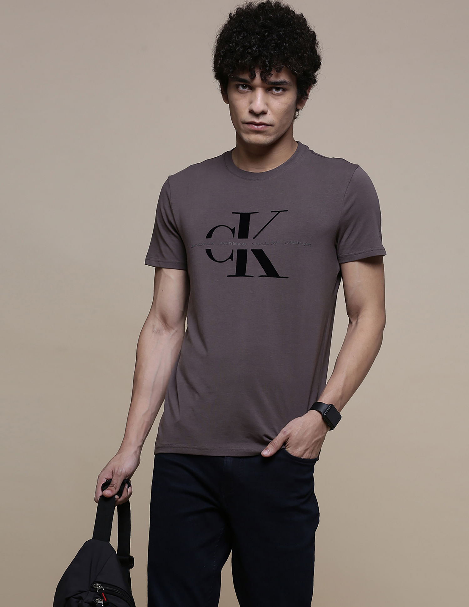 Buy Calvin Klein Men Brown Monogram Slim Fit T-Shirt 