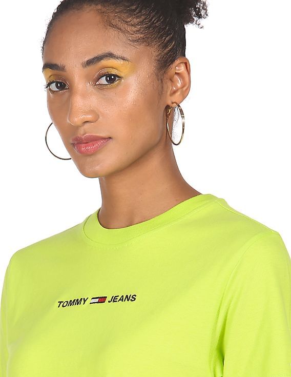 Buy Tommy Hilfiger Women Lime Green Ribbed Neck Logo T-Shirt