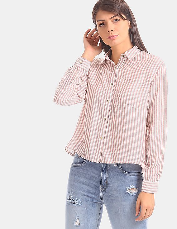women's brown and white striped shirt