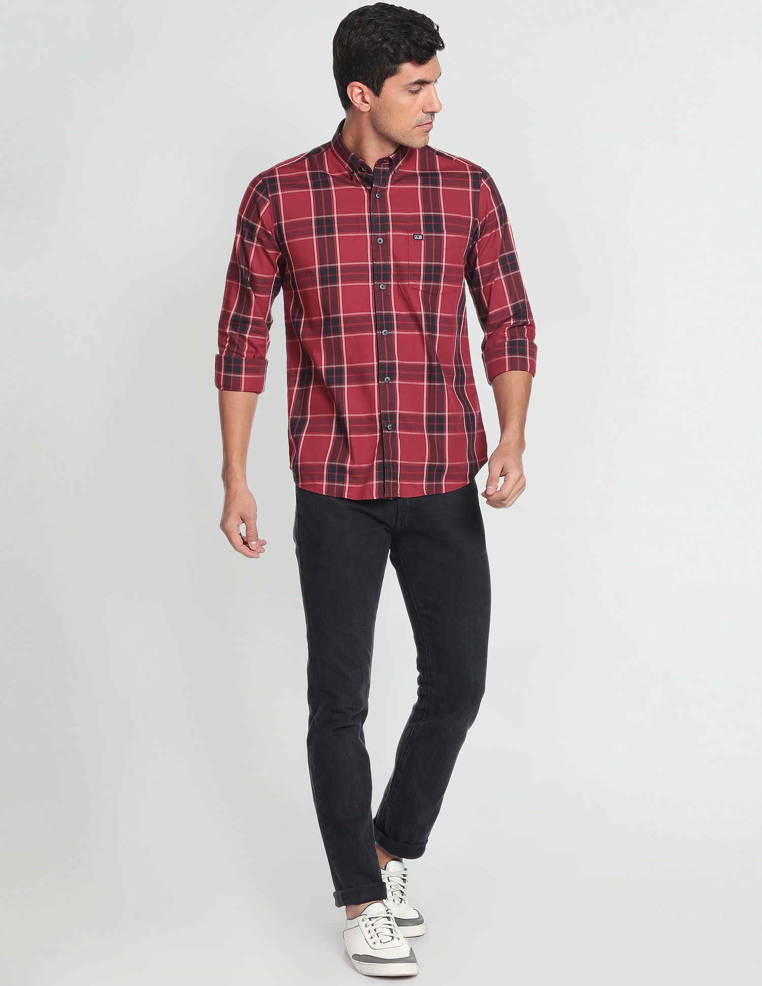 maroon black check shirt