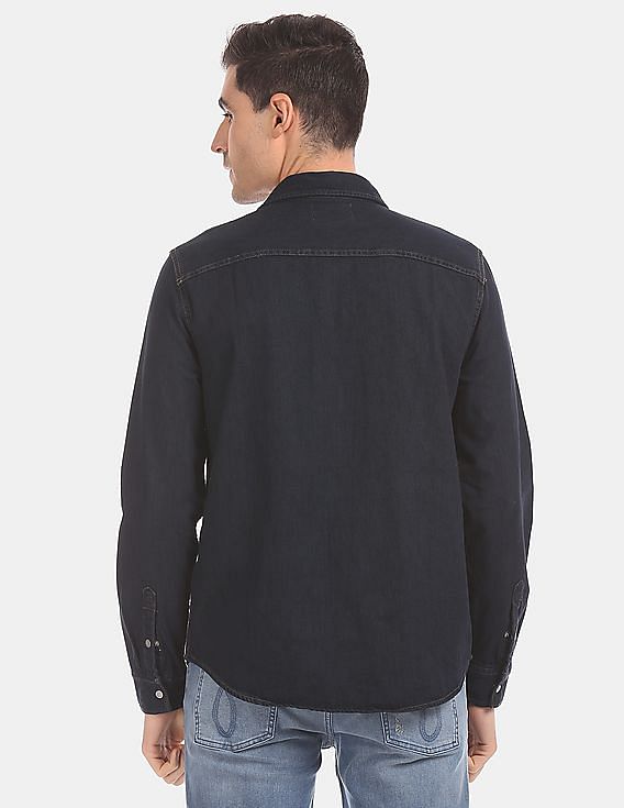 Calvin Klein Men Dark Blue Long Sleeve Utility Denim Casual Shirt