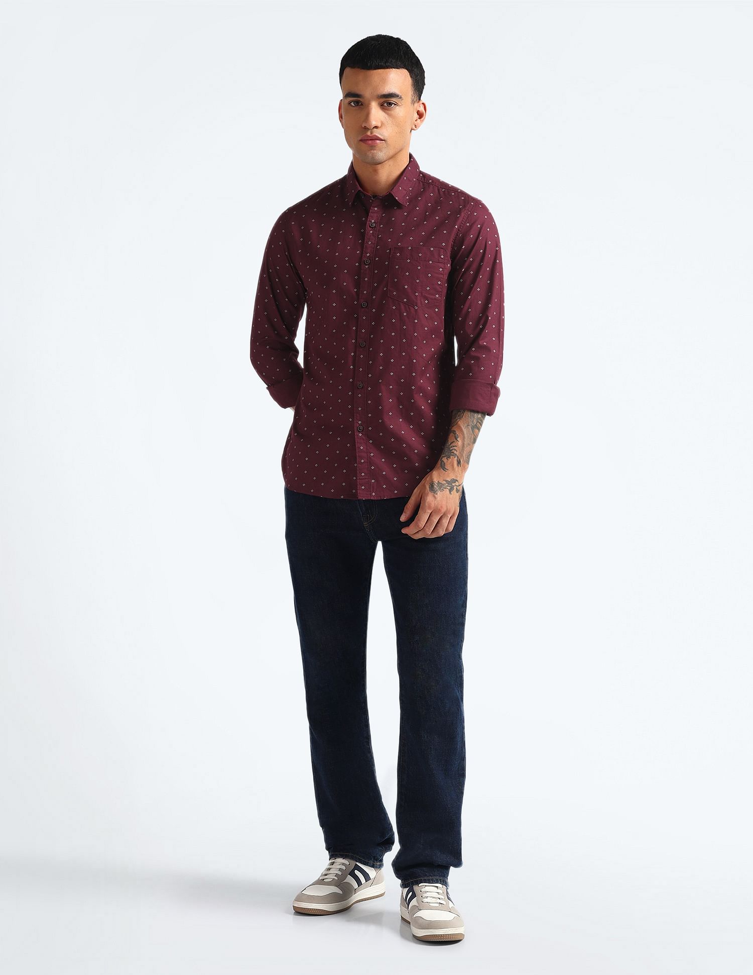 Flying Machine Geometric Print Cotton Shirt