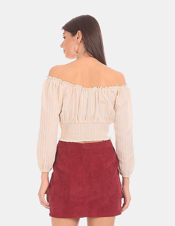 Aeropostale Women Beige And White Striped Off-Shoulder Top