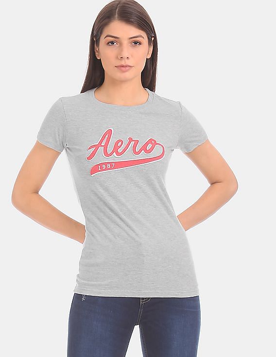 Buy Aeropostale Women Light Heather Grey Crew Neck Brand Applique