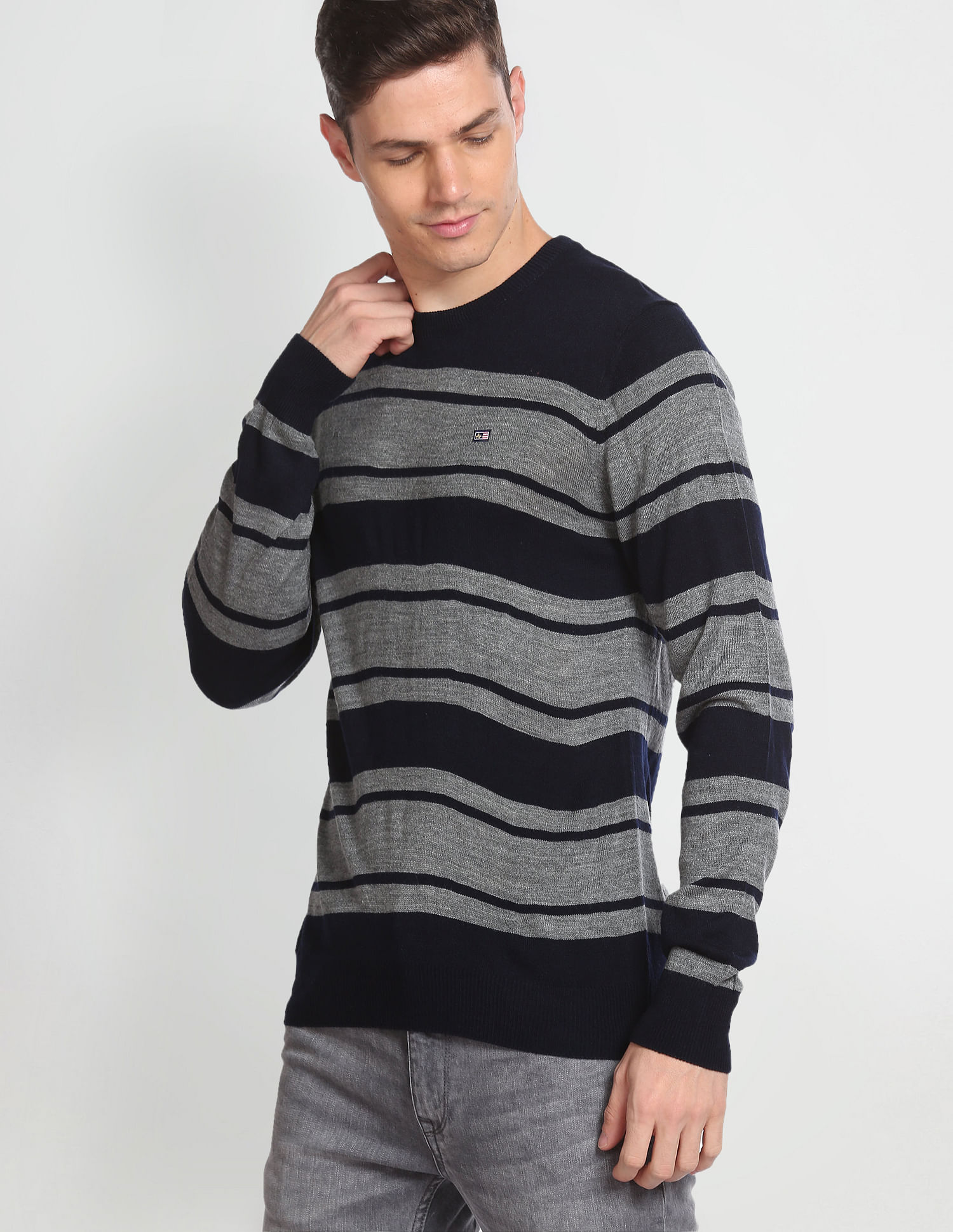 Buy Arrow Sports Crew Neck Horizontal Stripe Sweater 