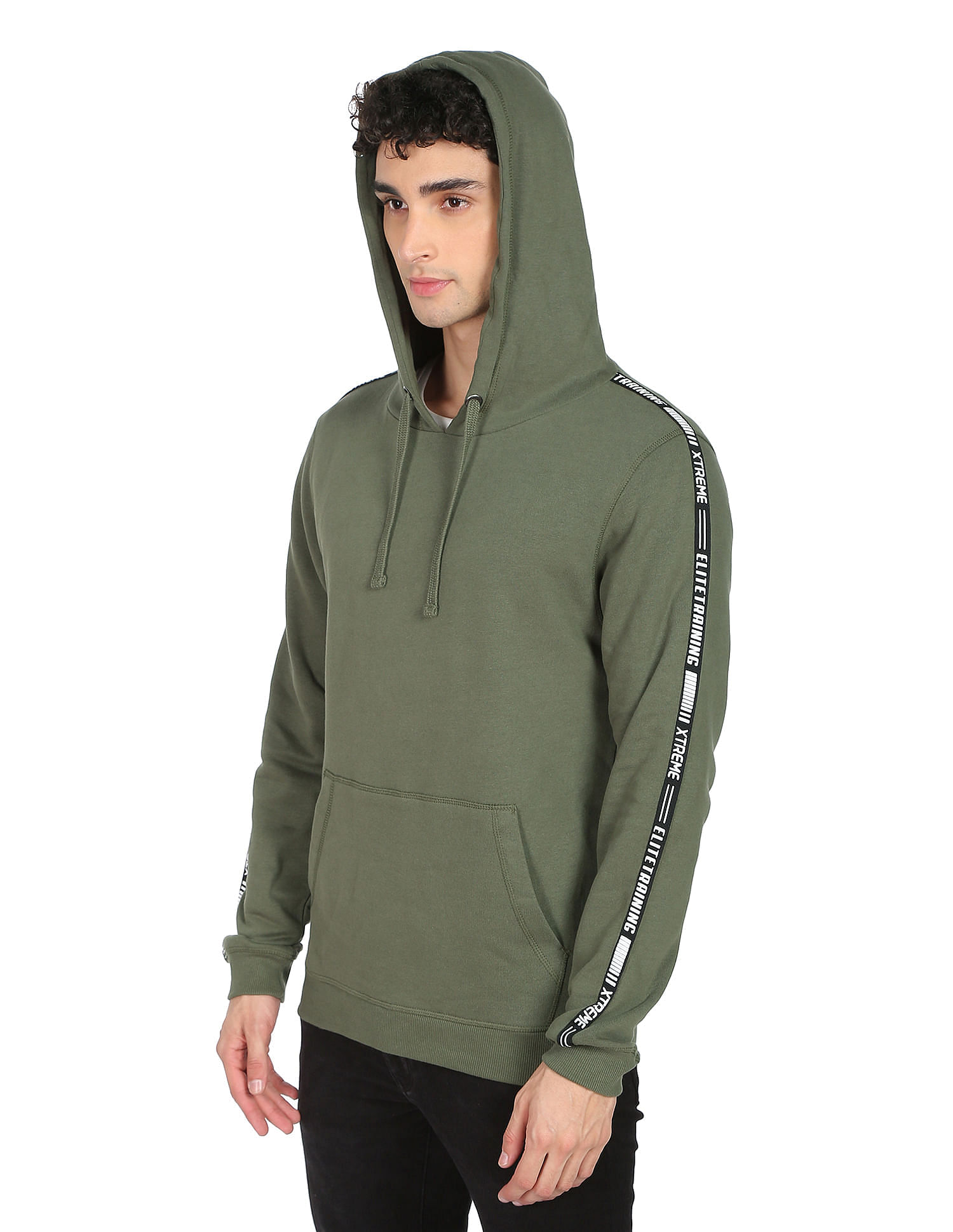 Flying Machine Brand Tape Solid Hooded Sweatshirt