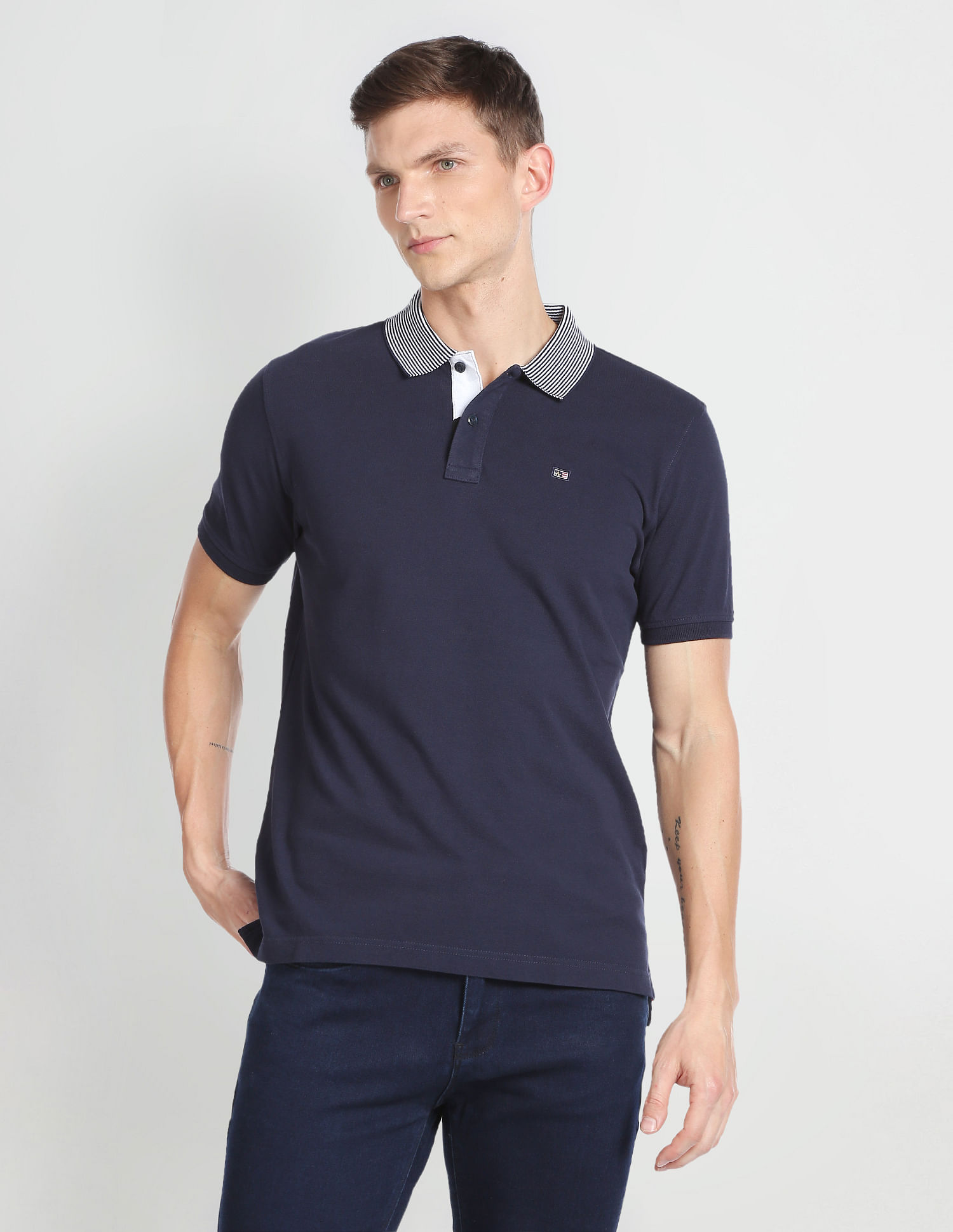 Arrow Sports Stripe Collar Pique Polo Shirt