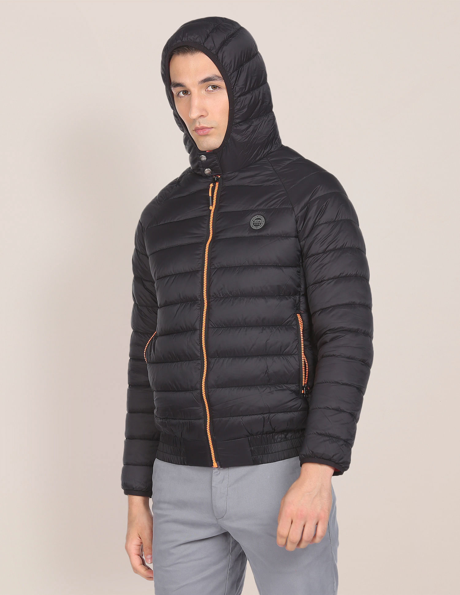 Black polo puffer fashion jacket with hood