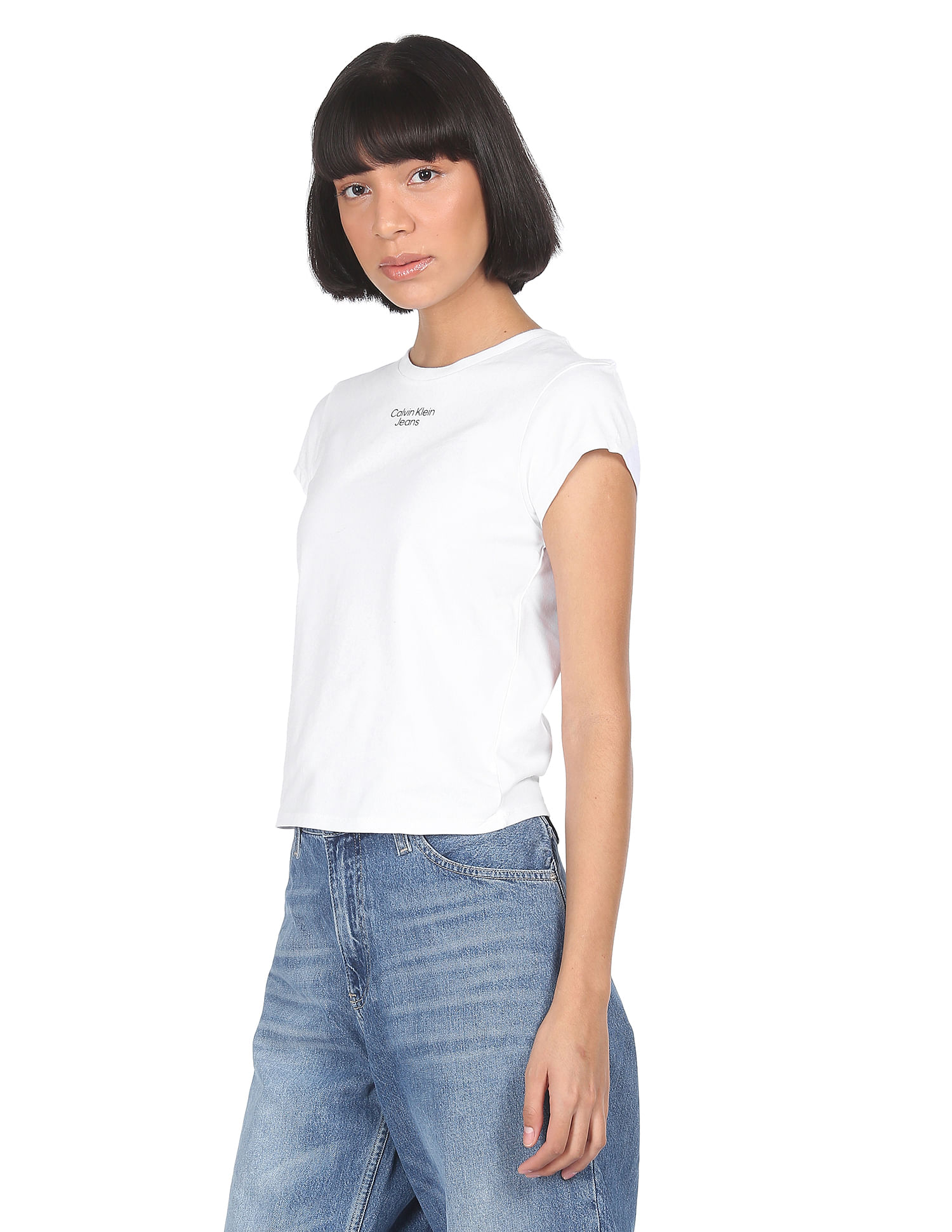 Buy Klein Jeans Neck Calvin Logo Women T-Shirt White Crew