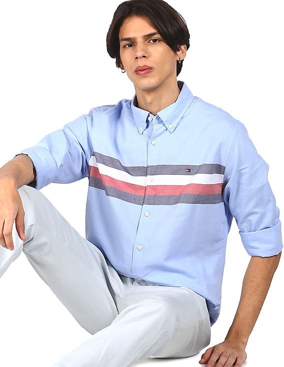 Buy Tommy Hilfiger Men Light Blue Cotton Striped Oxford Shirt