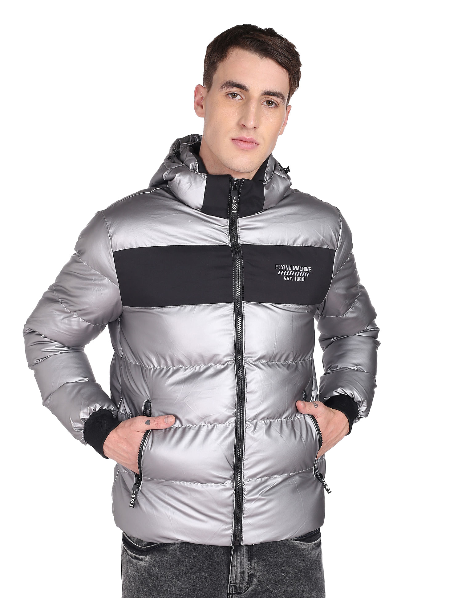 Flying Machine Stand Collar Detachable Hood Quilted Jacket