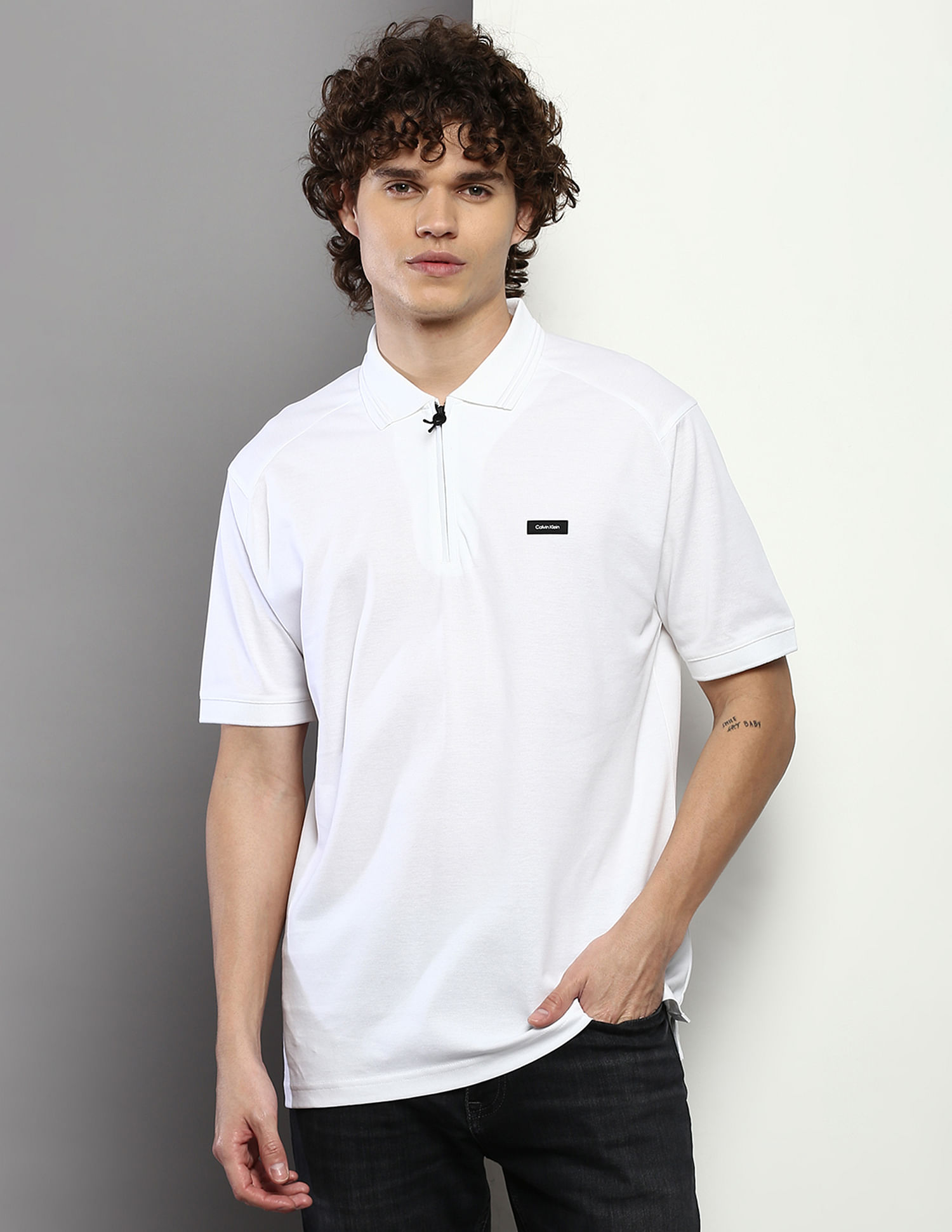 Calvin Klein Zipper Placket Solid Pique Polo Shirt