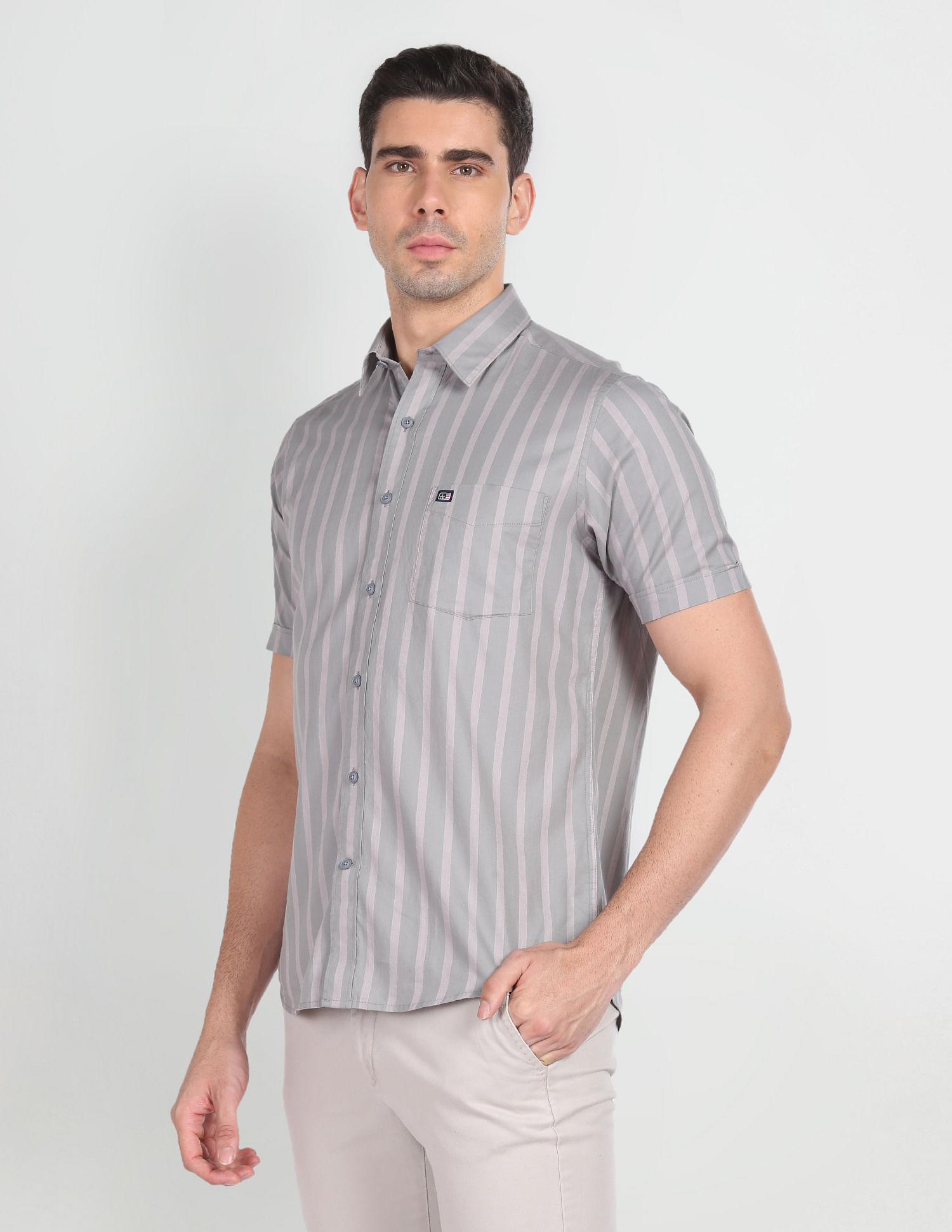 Arrow Sports Short Sleeve Vertical Stripe Casual Shirt