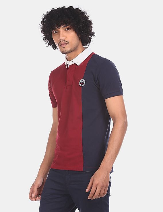 Navy Cotton Colour Blocked Polo Shirt 