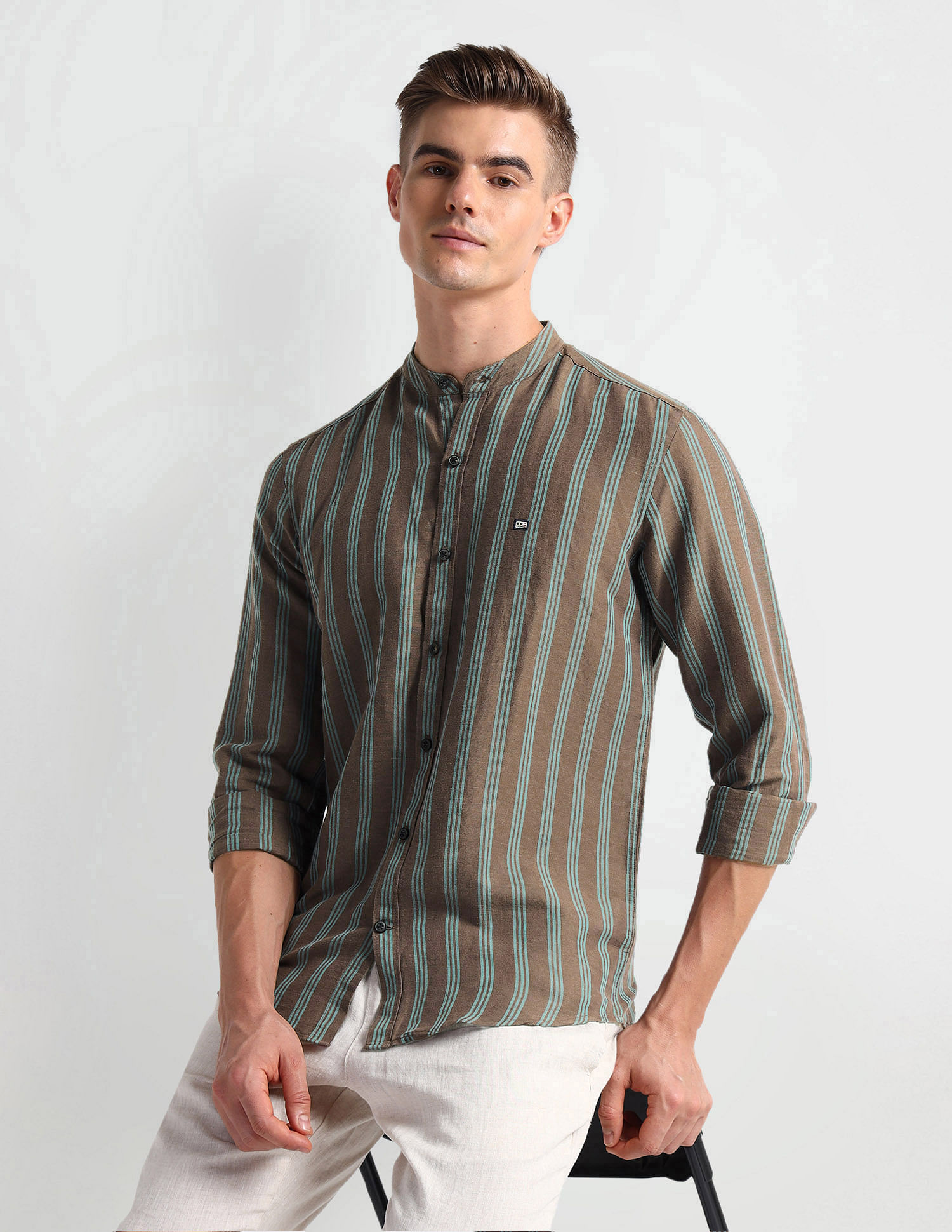 Arrow Sports Mandarin Collar Vertical Stripe Shirt