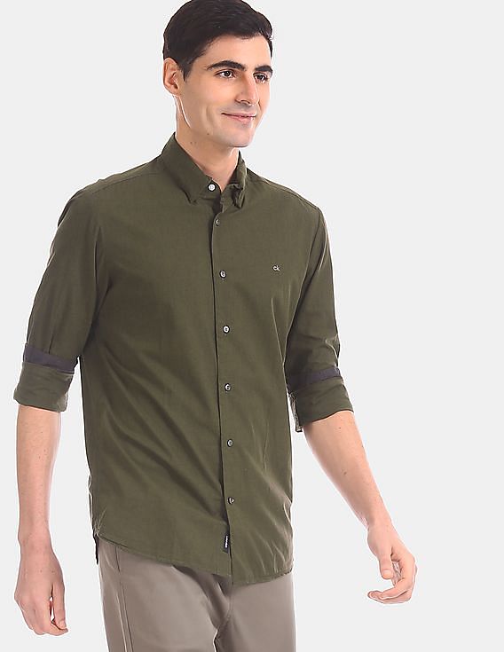 Buy Calvin Klein Men Olive Poplin Stretch Brand Print Casual Shirt -  NNNOW.com