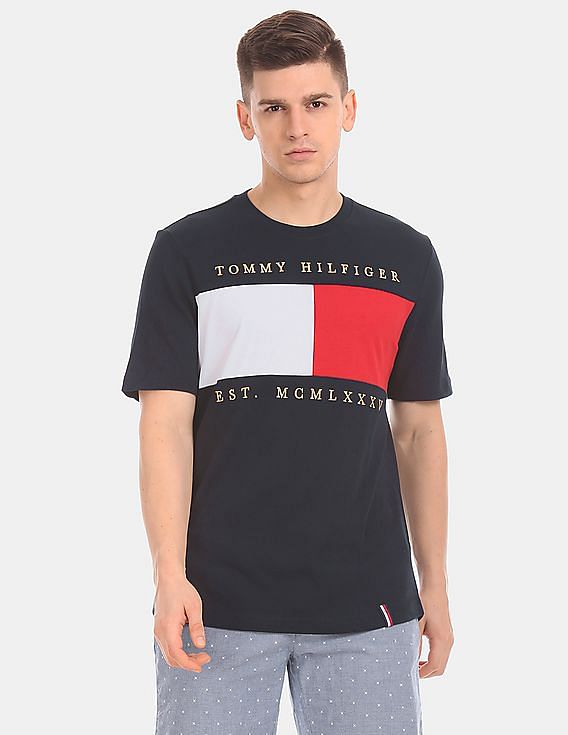 Men Tommy Regular Logo Buy Embroidered Navy T-Shirt Hilfiger Fit Flag
