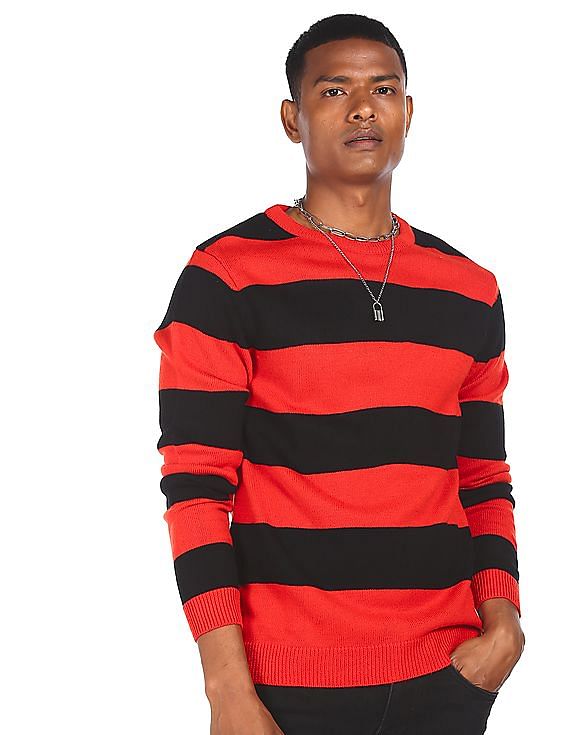 Buy Flying Machine Red And Black Crew Neck Sweater - NNNOW.com