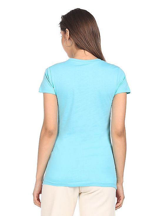 Aeropostale Women Aqua Crew Neck Brand Print T-Shirt