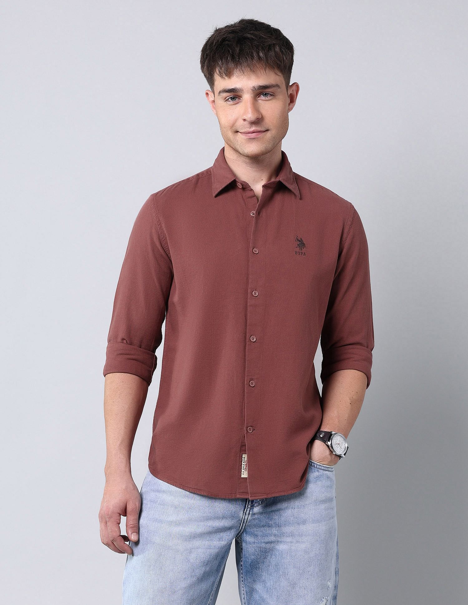 U.S. Polo Assn. Denim Co. Solid Pure Cotton Dobby Shirt