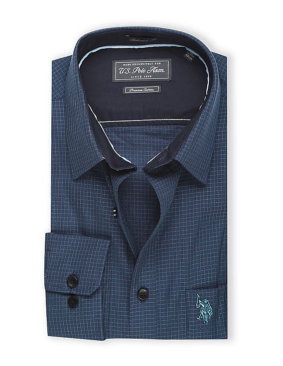 USPA Tailored Blue Tailored Regular Fit Checked Shirt