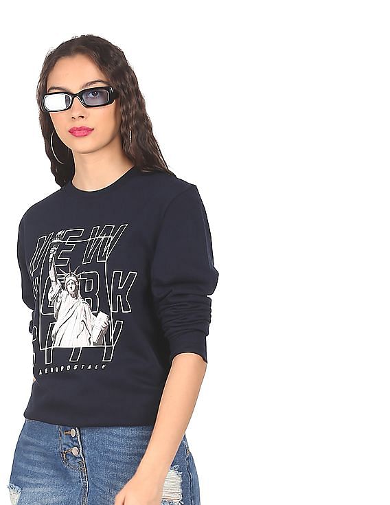 Aeropostale Women Navy Crew Neck Brand Print Sweatshirt
