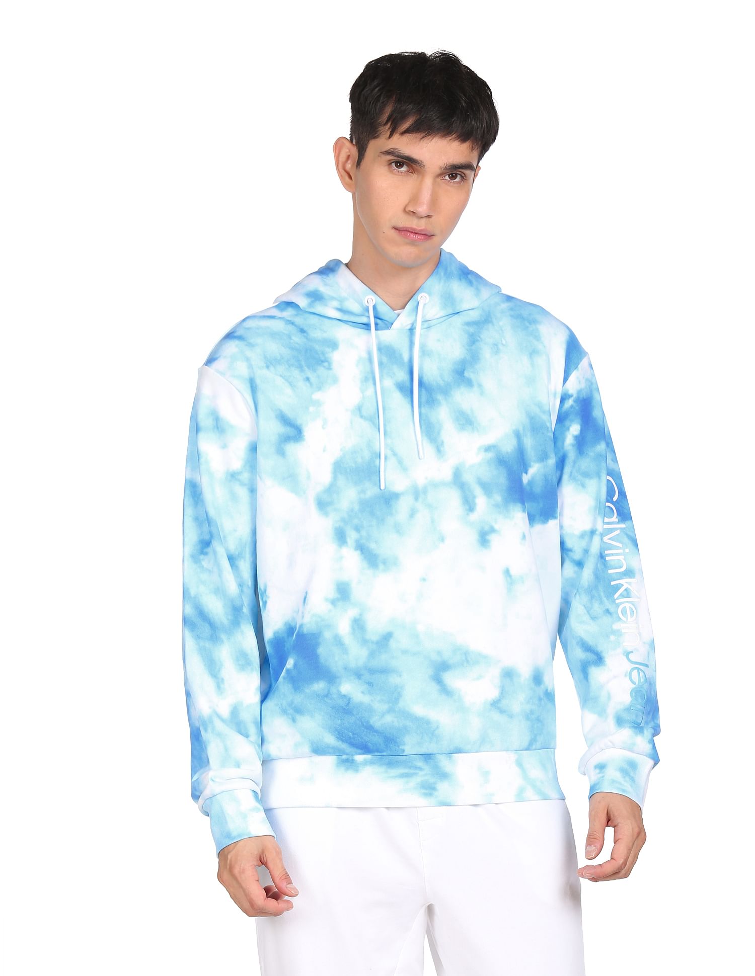 Calvin Klein Jeans Men White And Blue Tie Dye Logo Print Hoodie