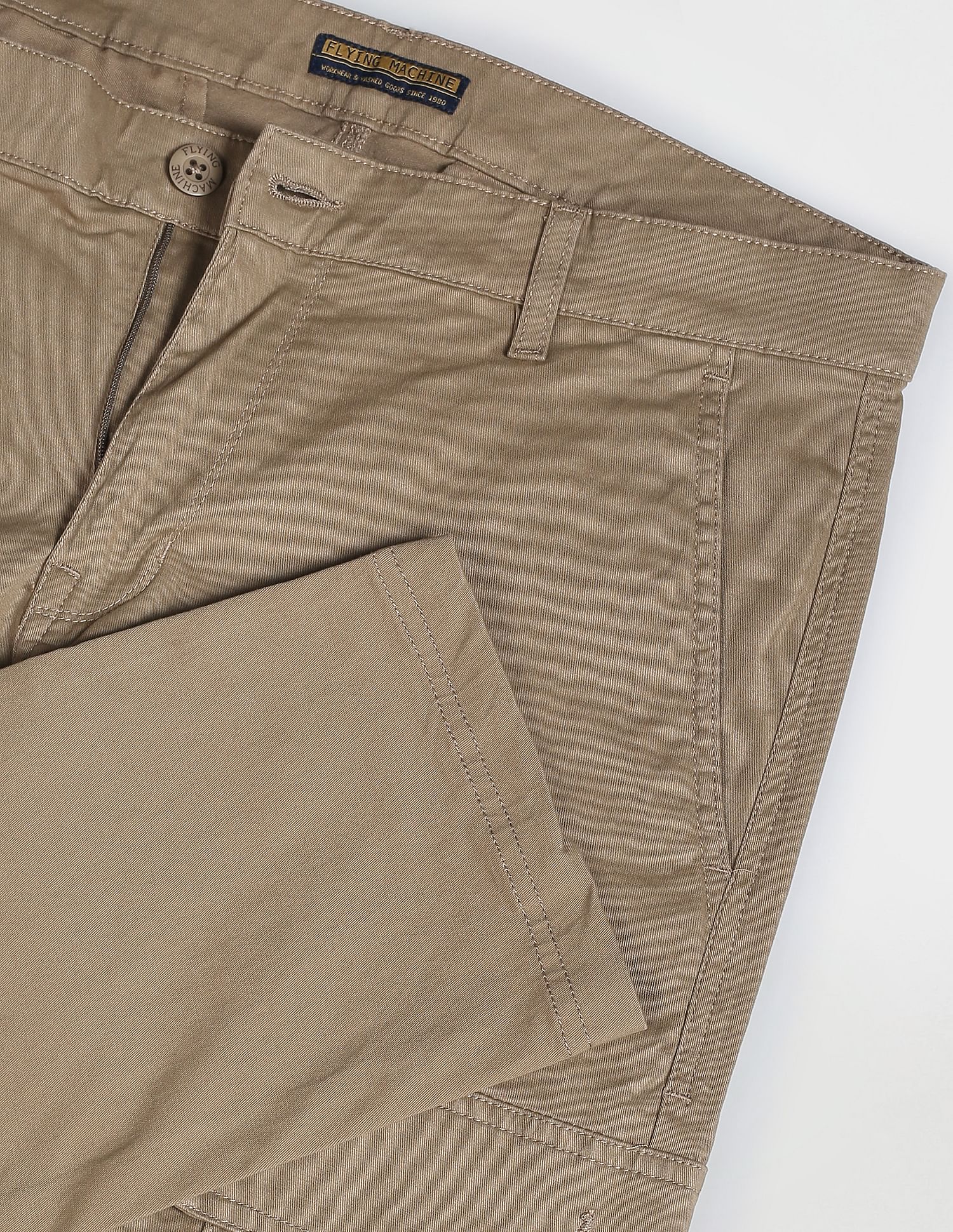 Flying Machine Men  Khaki Solid Twill Cargo Trousers