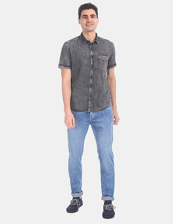 Flying Machine Short Sleeve Washed Denim Shirt
