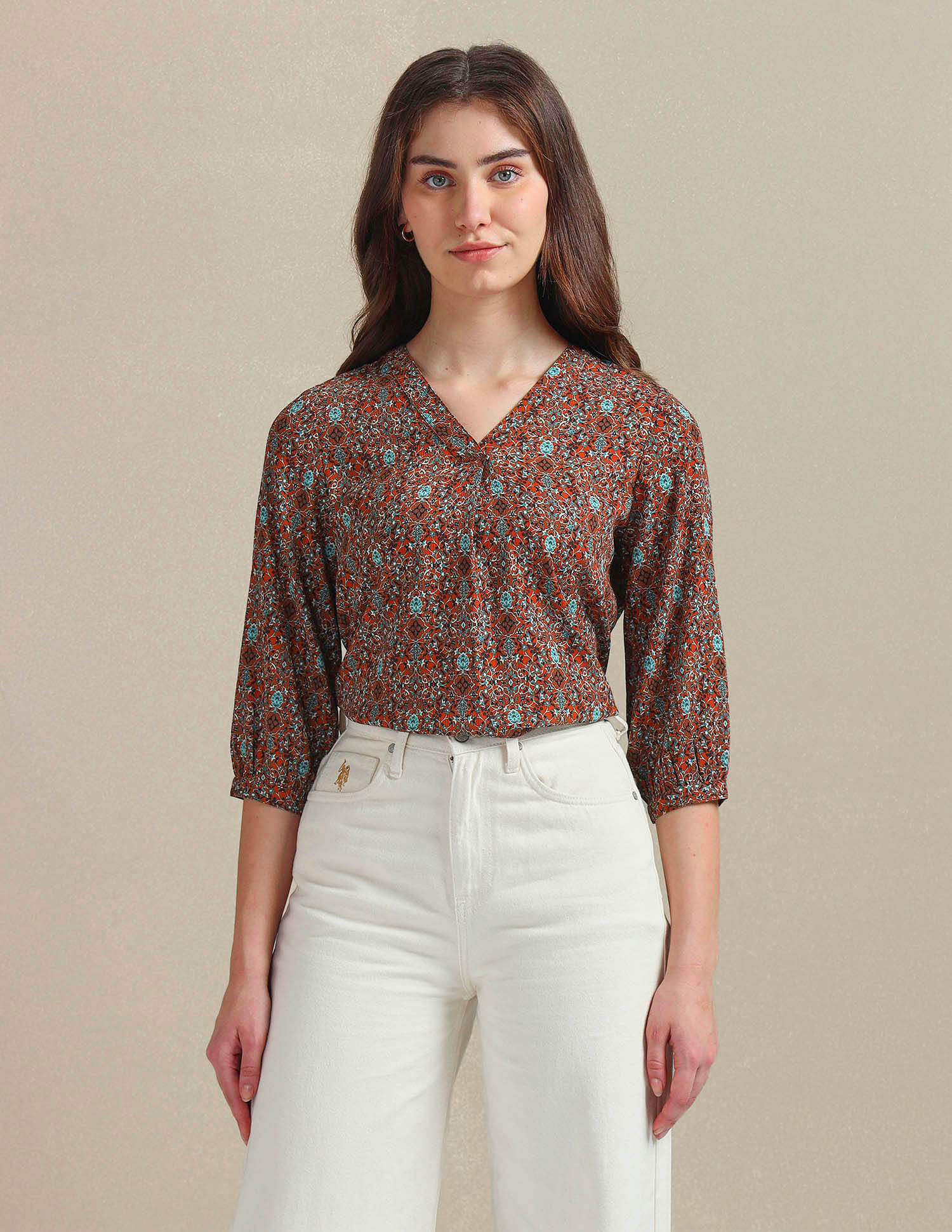 U.S. Polo Assn. Women V-Neck Geometric Print Top