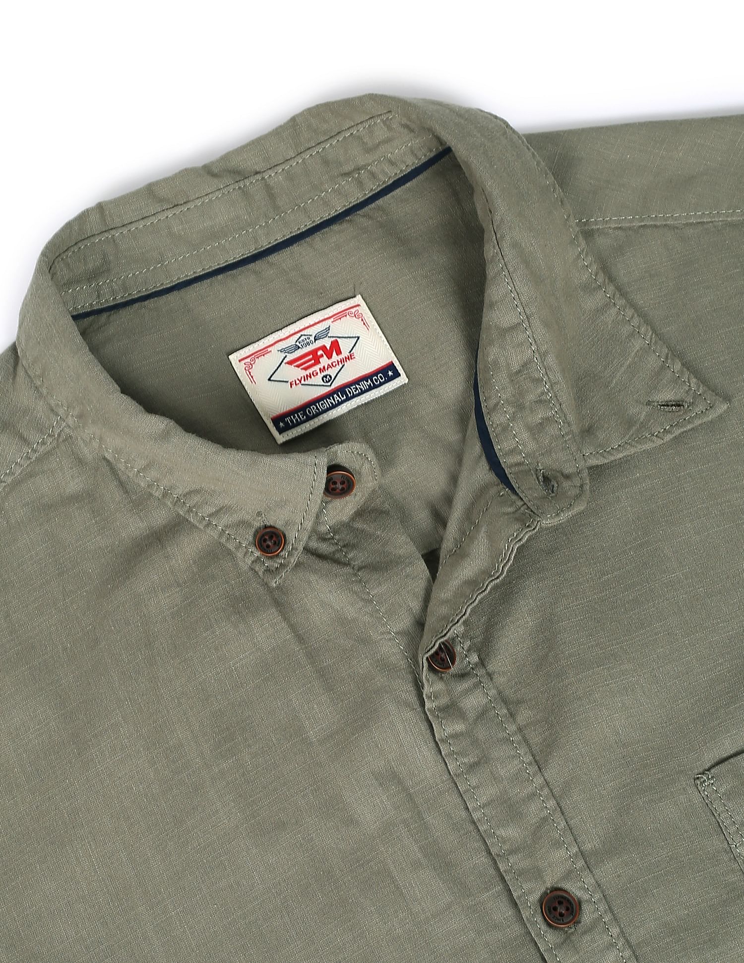 Flying Machine Button-Down Collar Slub Solid Shirt