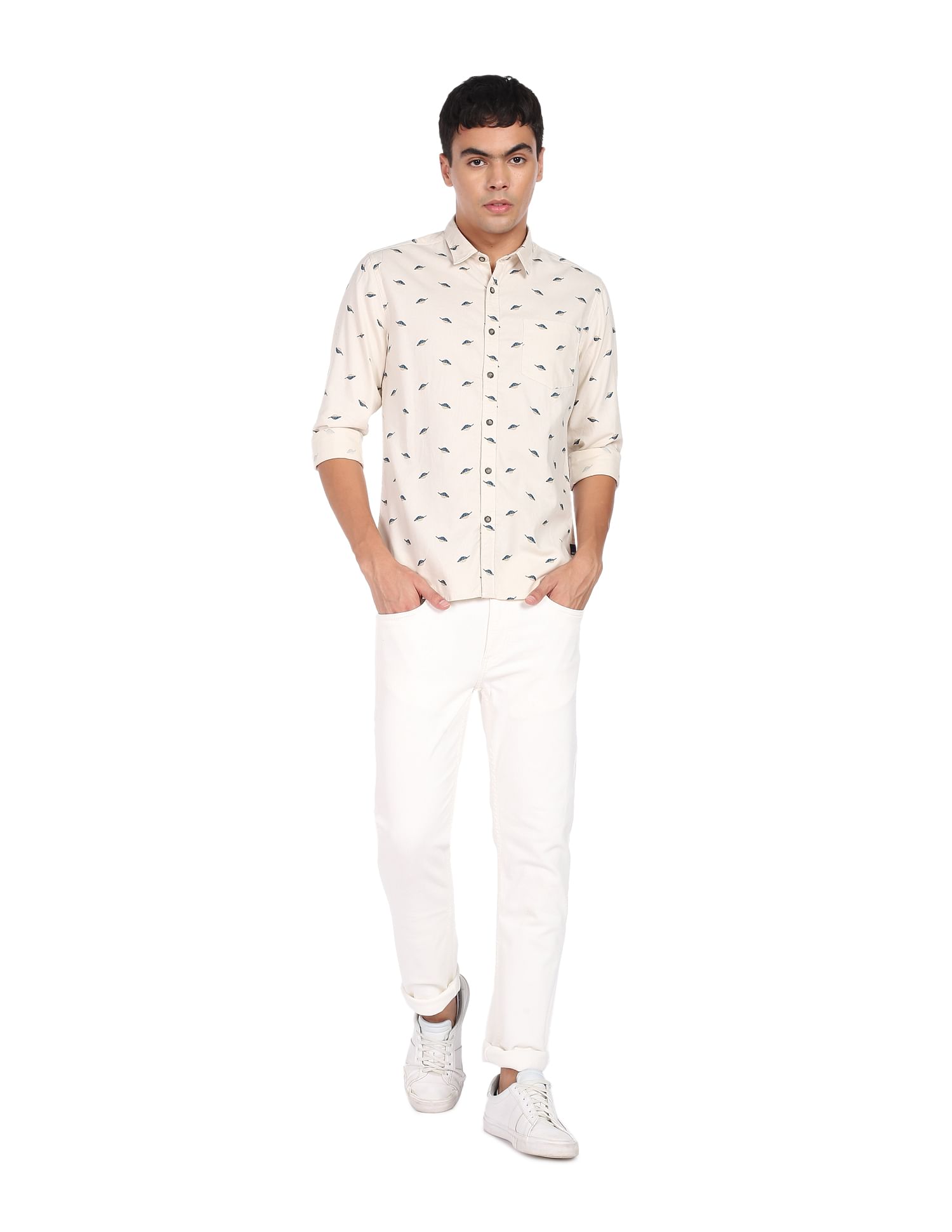 Flying Machine Geometric Print Twill Weave Shirt