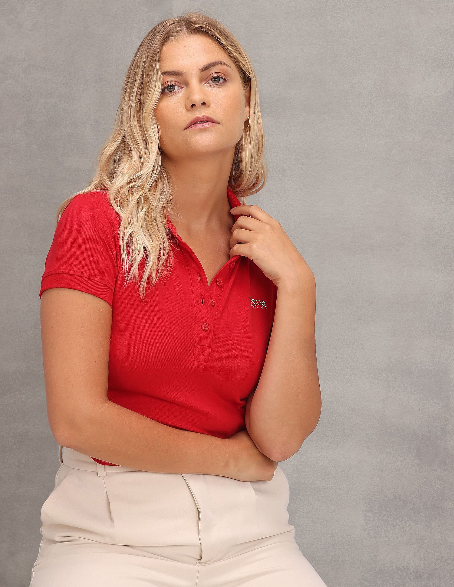U.S. Polo Assn. Women Ribbed Collar Solid Polo Shirt