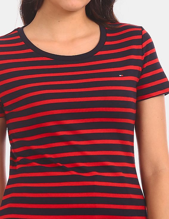 Buy Tommy Hilfiger Women Red Short Sleeve Round Neck Striped