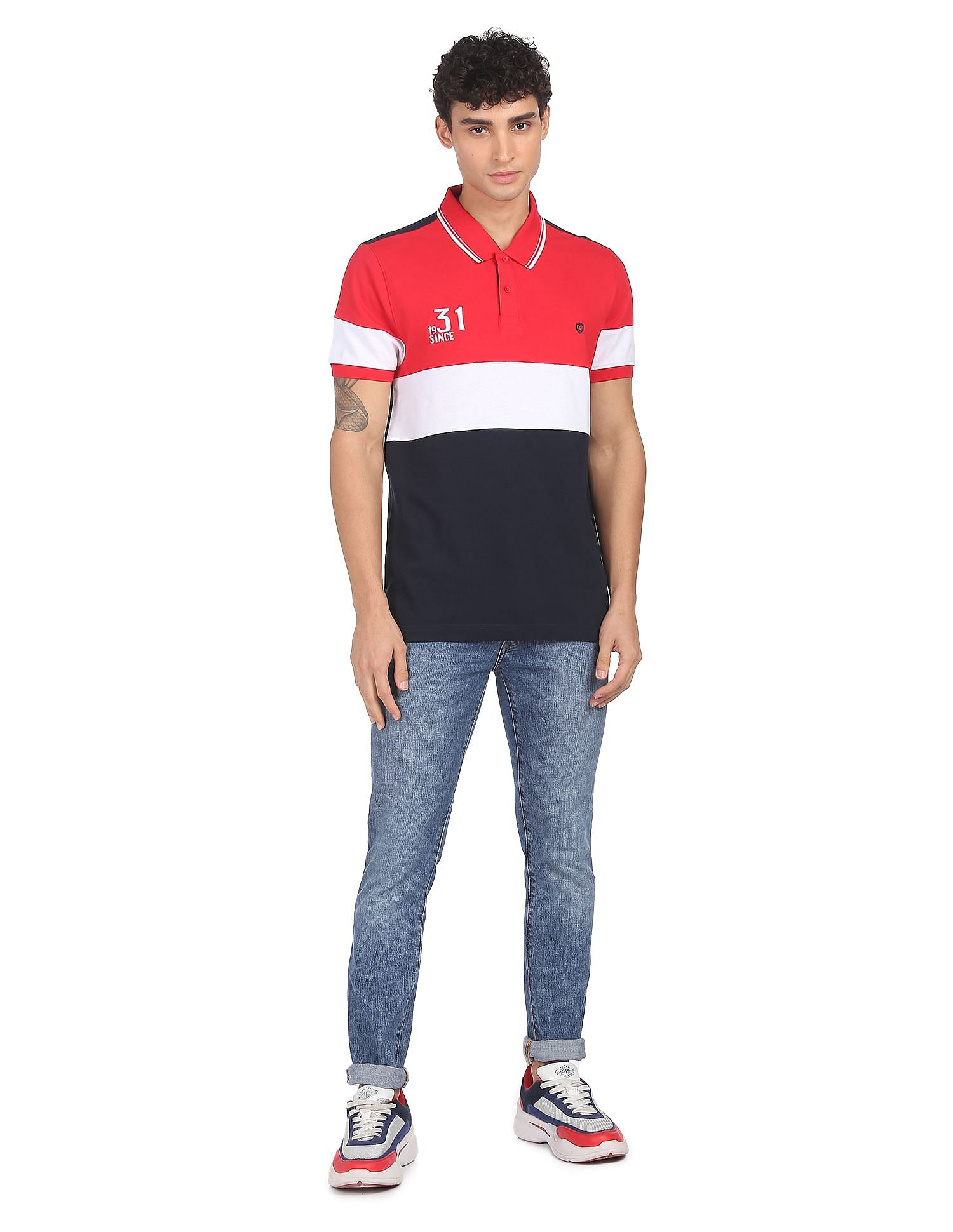 AD by Arvind Cotton Panelled Colour Block Polo Shirt