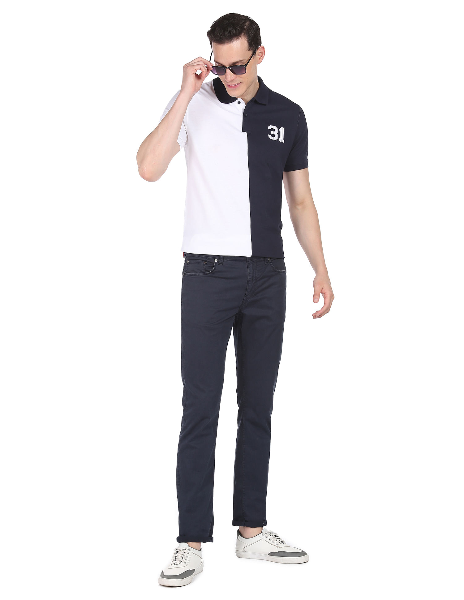 AD by Arvind Cotton Colour Block Logo Polo Shirt