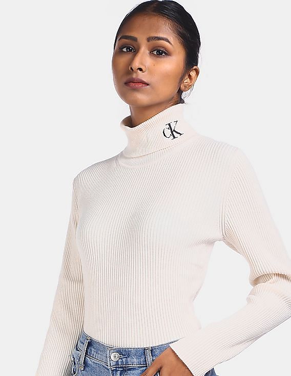 Buy Calvin Klein Women White Striped High Neck Sweater 