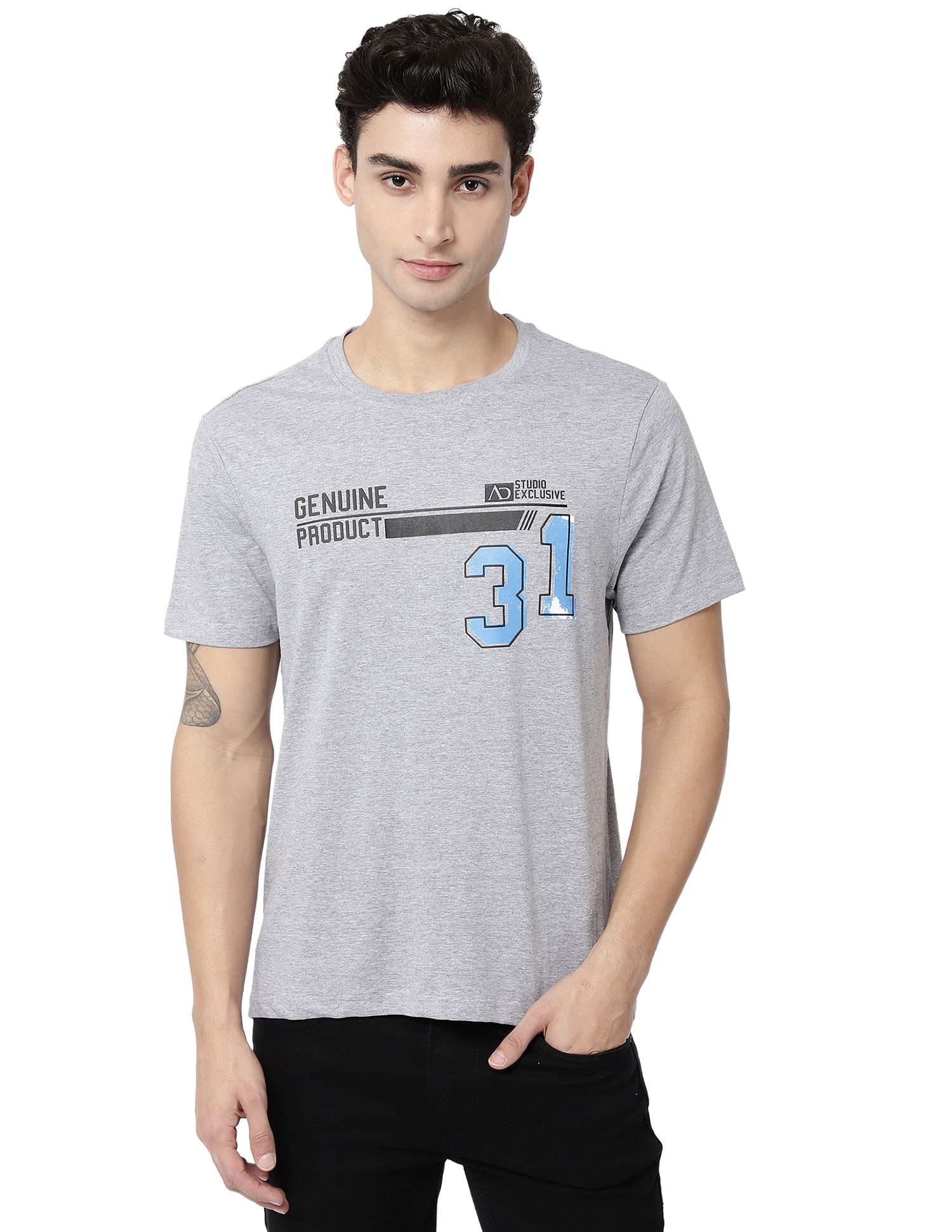 AD by Arvind Crew Neck Typographic Print Cotton T-Shirt