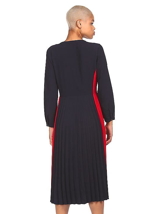 Buy Tommy Hilfiger Women Navy Long Sleeve Color Block Midi Dress