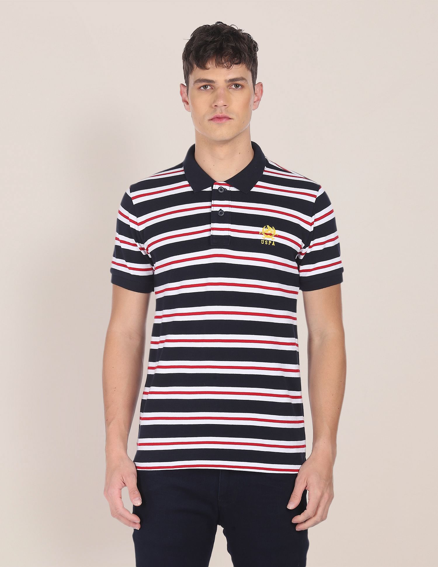 U.S. Polo Assn. Men Black And Red Cotton Striped Polo Shirt