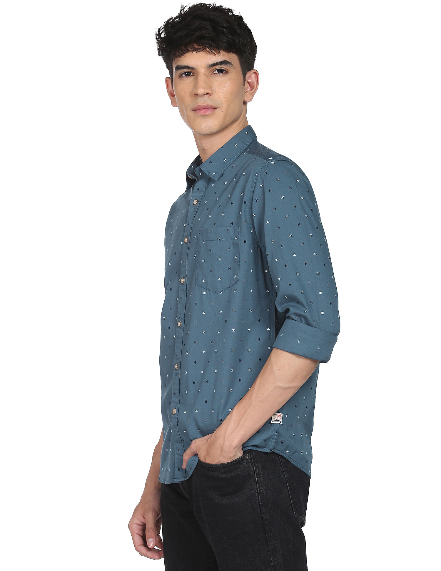 Flying Machine Spread Collar Geometric Print Shirt