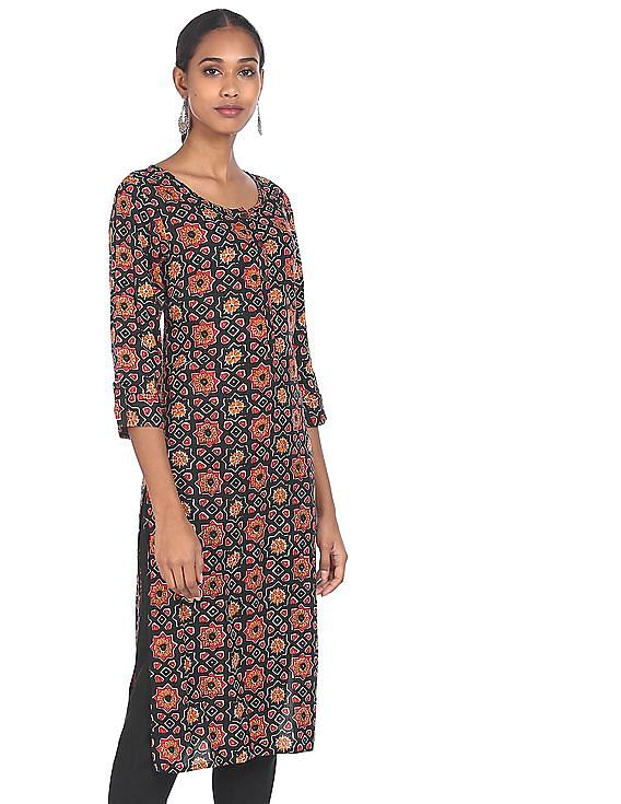 Buy JANASYA Black Women's Black Cotton Straight Kurti (JNE3564) | Shoppers  Stop