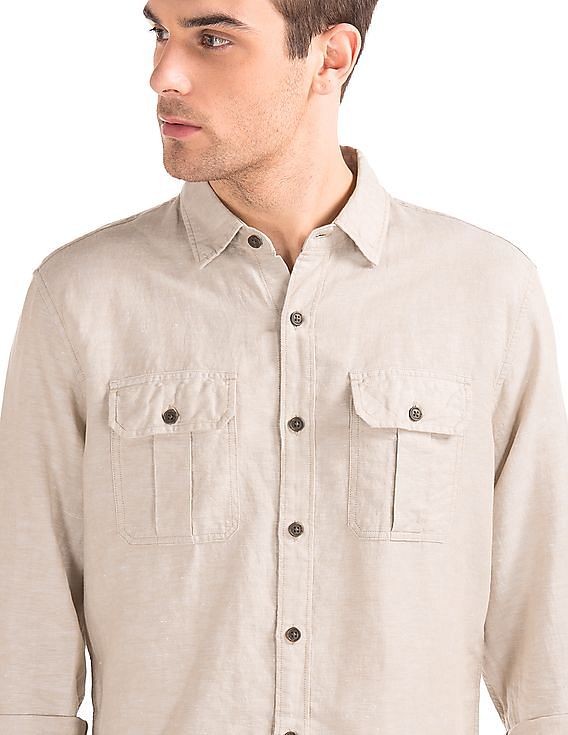 Buy GAP Men Men Beige Linen Cotton Utility Pocket Shirt