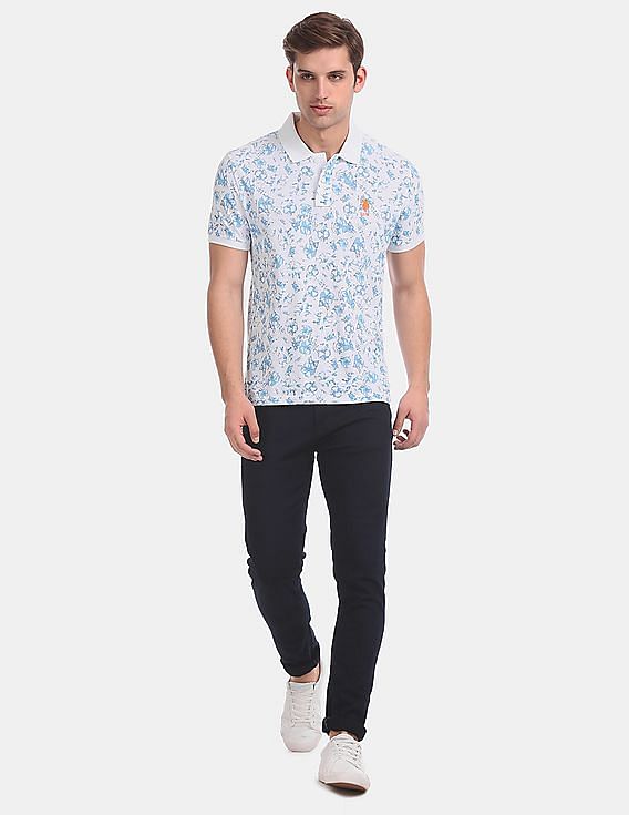 U.S. Polo Assn. White Allover Floral Print Pique Polo Shirt