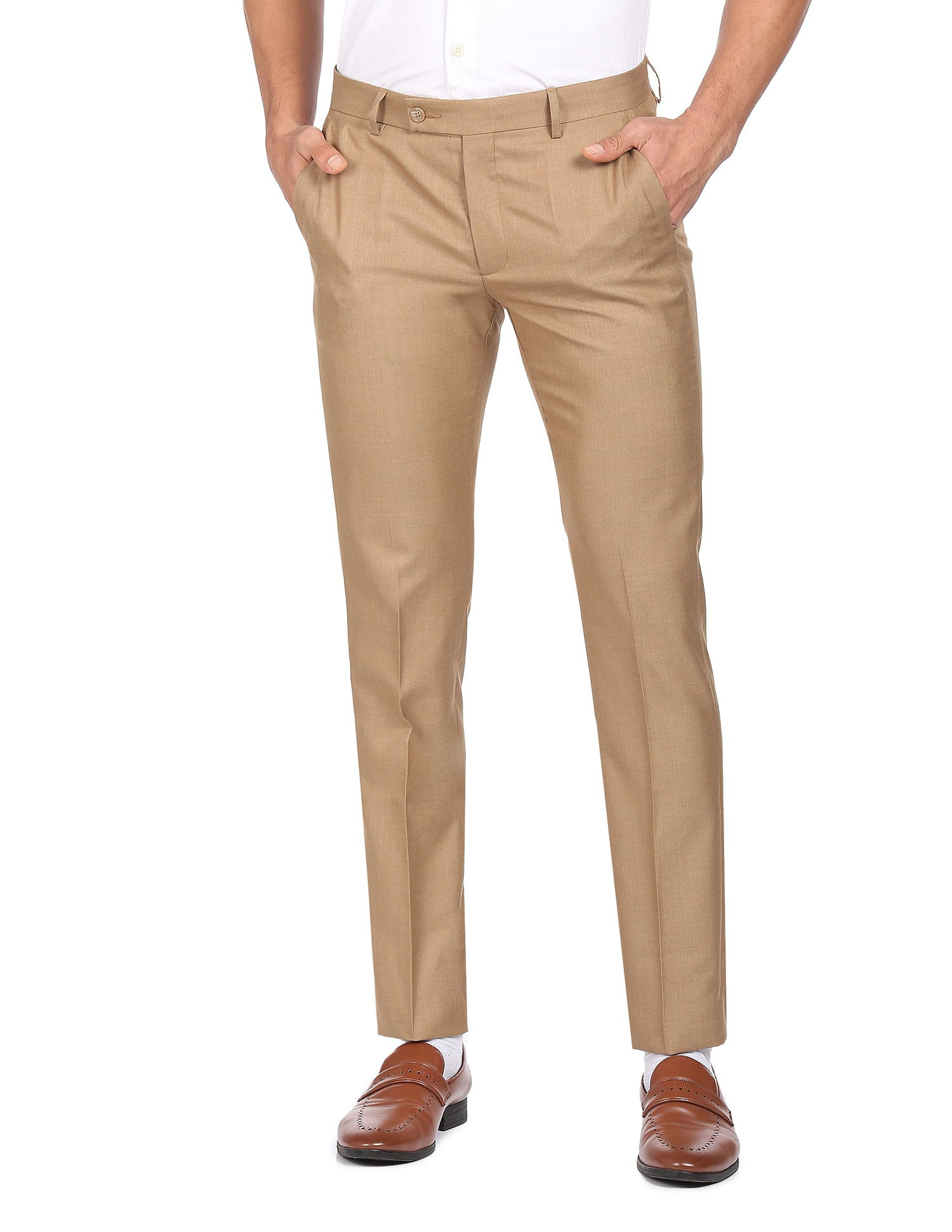 Buy Men Khaki Slim Fit Solid Flat Front Casual Trousers Online - 739738 |  Louis Philippe
