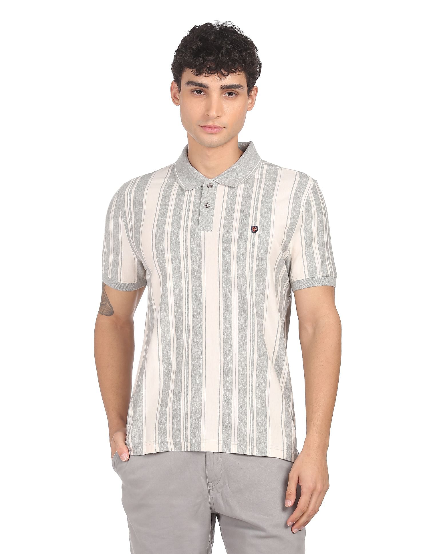 AD by Arvind Cotton Vertical Striped Polo Shirt