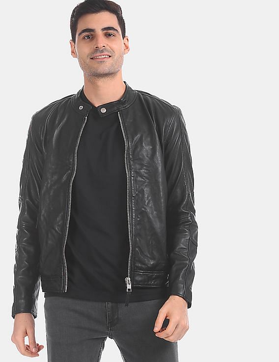 Buy Calvin Klein Men Black Leather Biker Jacket 